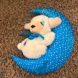 Vintage White Lamb Plush on Blue Star Moon Hanging Decor Happy Easter